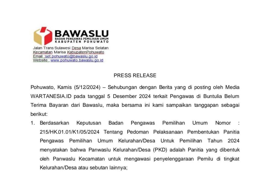 Soal Honor Eks 3 PKD di Buntulia, Bawaslu Pohuwato Terbitkan Press Release